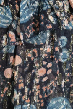 Blue and gold paneled silk-blend abstract print georgette pullover top with gathered neckline