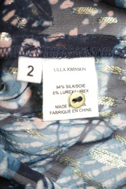 Blue and gold paneled silk-blend abstract print georgette pullover top with gathered neckline