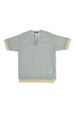 Blue and lilac semi-sheer polyamide layered monogram tulle boxy short sleeve top