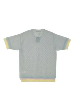 Blue and lilac semi-sheer polyamide layered monogram tulle boxy short sleeve top