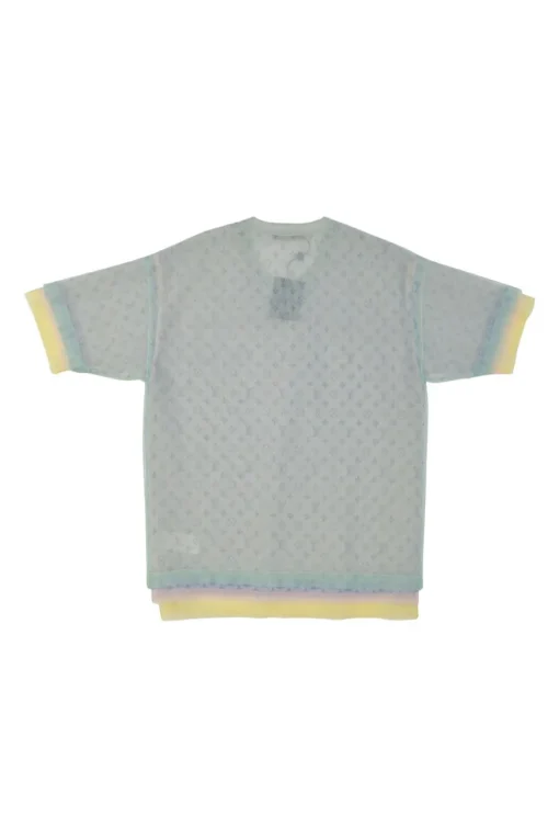 Blue and lilac semi-sheer polyamide layered monogram tulle boxy short sleeve top