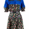 Blue and multi floral print short-sleeved mini dress with black leather accent