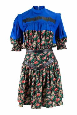Blue and multi floral print short-sleeved mini dress with black leather accent