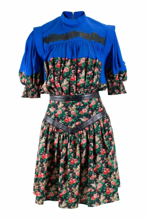 Blue and multi floral print short-sleeved mini dress with black leather accent