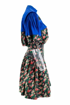 Blue and multi floral print short-sleeved mini dress with black leather accent