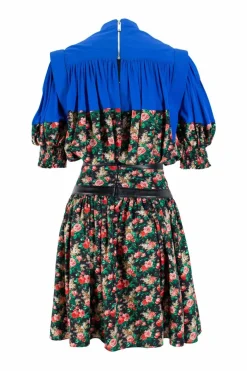 Blue and multi floral print short-sleeved mini dress with black leather accent