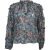 Blue and navy silk-lurex blend floral metallic stripe jacquard tie-neck keyhole-front ruffle blouse