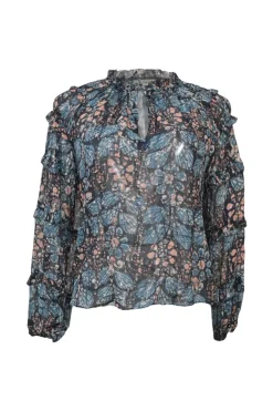 Blue and navy silk-lurex blend floral metallic stripe jacquard tie-neck keyhole-front ruffle blouse