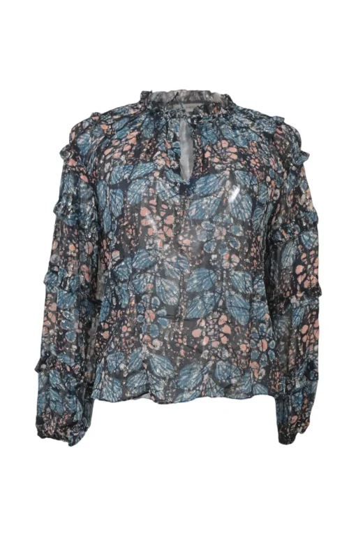 Blue and navy silk-lurex blend floral metallic stripe jacquard tie-neck keyhole-front ruffle blouse