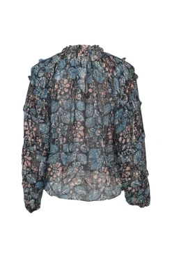 Blue and navy silk-lurex blend floral metallic stripe jacquard tie-neck keyhole-front ruffle blouse