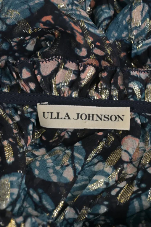 Blue and navy silk-lurex blend floral metallic stripe jacquard tie-neck keyhole-front ruffle blouse