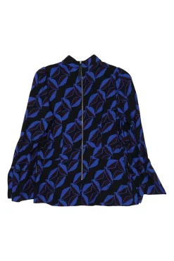 Blue and navy viscose abstract graphic print tiered peplum top with cropped flounce sleeves