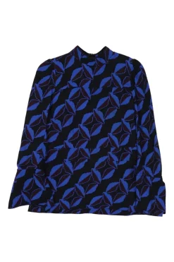 Blue and navy viscose abstract graphic print tiered peplum top with cropped flounce sleeves