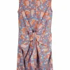 Blue and orange polyester floral print Y-collar knot front mini dress
