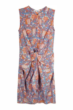 Blue and orange polyester floral print Y-collar knot front mini dress