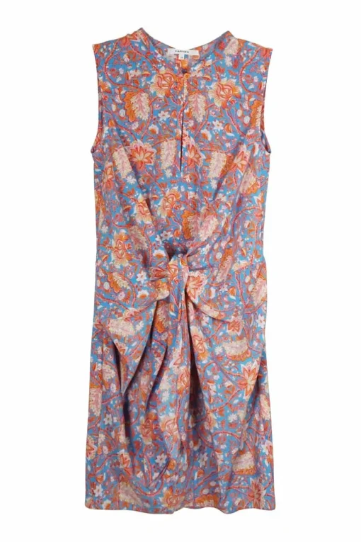 Blue and orange polyester floral print Y-collar knot front mini dress