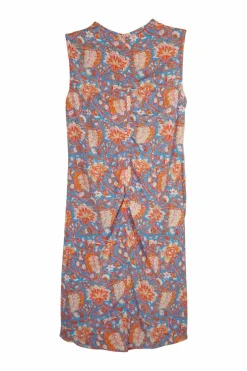 Blue and orange polyester floral print Y-collar knot front mini dress