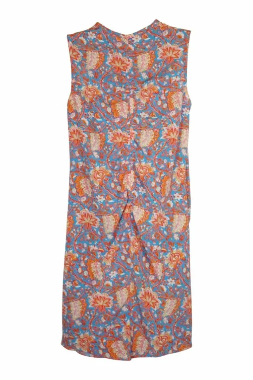 Blue and orange polyester floral print Y-collar knot front mini dress