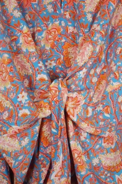 Blue and orange polyester floral print Y-collar knot front mini dress