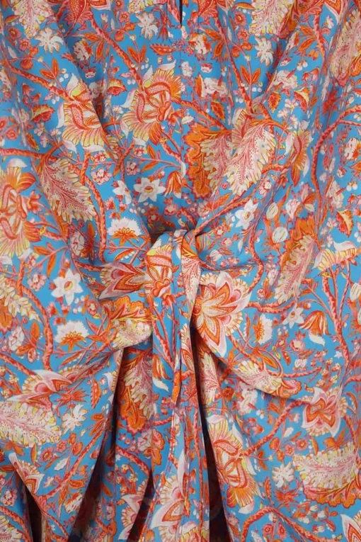 Blue and orange polyester floral print Y-collar knot front mini dress