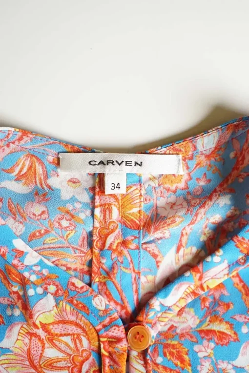 Blue and orange polyester floral print Y-collar knot front mini dress