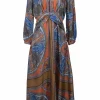 Blue and orange silk abstract foulard print plunge neck empire-waist A-line midi dress with blouson sleeves