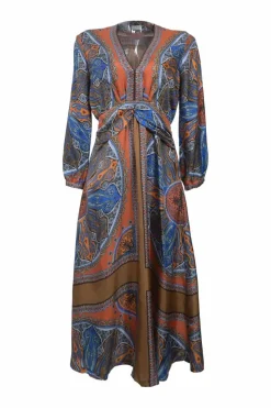 Blue and orange silk abstract foulard print plunge neck empire-waist A-line midi dress with blouson sleeves