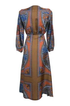 Blue and orange silk abstract foulard print plunge neck empire-waist A-line midi dress with blouson sleeves