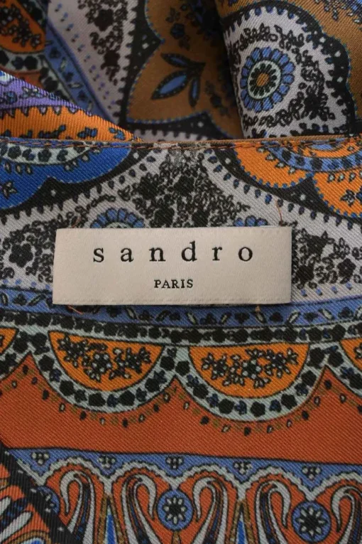 Blue and orange silk abstract foulard print plunge neck empire-waist A-line midi dress with blouson sleeves