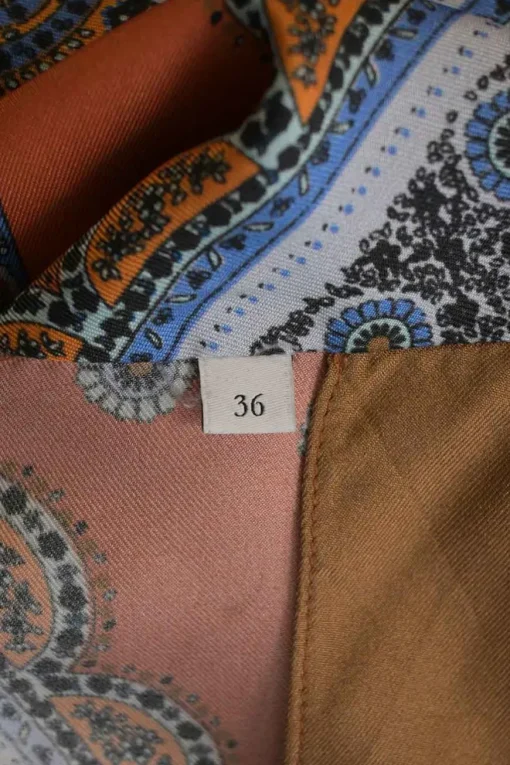 Blue and orange silk abstract foulard print plunge neck empire-waist A-line midi dress with blouson sleeves
