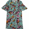 Blue and orange viscose-silk blend abstract floral digi-print jersey knit flounce mini shift dress