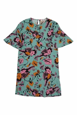 Blue and orange viscose-silk blend abstract floral digi-print jersey knit flounce mini shift dress