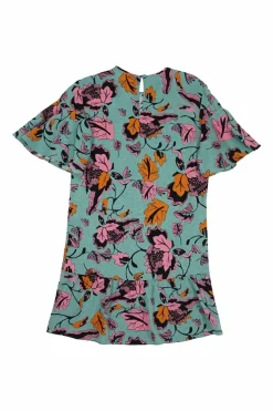 Blue and orange viscose-silk blend abstract floral digi-print jersey knit flounce mini shift dress