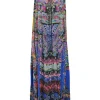 Blue and pink gathered embellished silk kaleidoscopic abstract print sleeveless shift sack dress