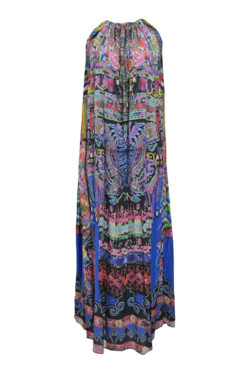 Blue and pink gathered embellished silk kaleidoscopic abstract print sleeveless shift sack dress