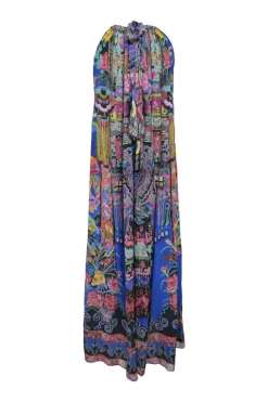 Blue and pink gathered embellished silk kaleidoscopic abstract print sleeveless shift sack dress