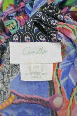 Blue and pink gathered embellished silk kaleidoscopic abstract print sleeveless shift sack dress