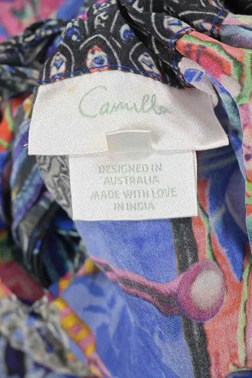 Blue and pink gathered embellished silk kaleidoscopic abstract print sleeveless shift sack dress