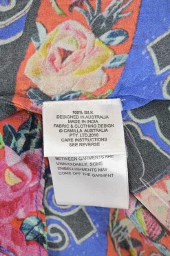 Blue and pink gathered embellished silk kaleidoscopic abstract print sleeveless shift sack dress