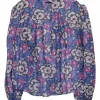 Blue and pink silk floral print pullover half-button Jaitlyn tunic top with blouson sleeves