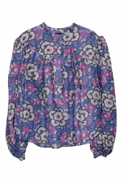 Blue and pink silk floral print pullover half-button Jaitlyn tunic top with blouson sleeves