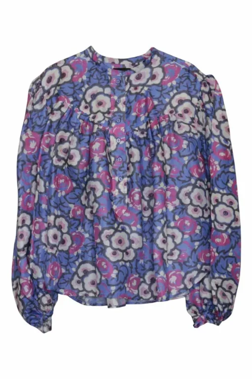 Blue and pink silk floral print pullover half-button Jaitlyn tunic top with blouson sleeves
