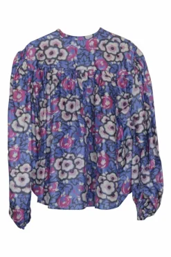 Blue and pink silk floral print pullover half-button Jaitlyn tunic top with blouson sleeves
