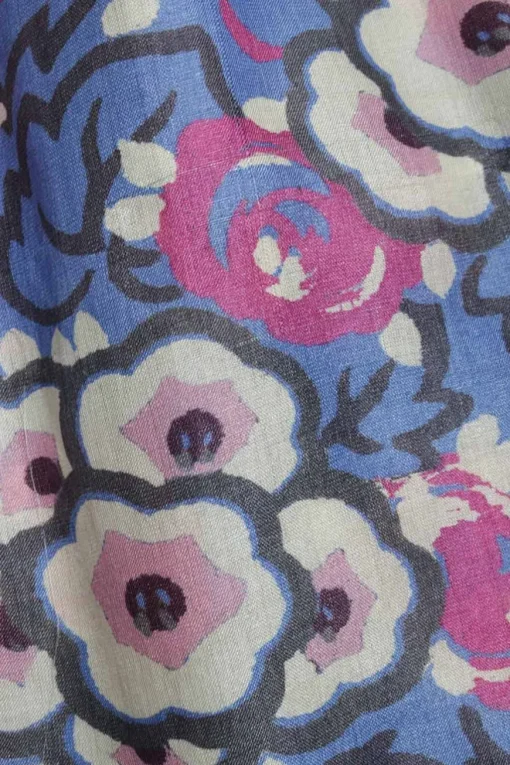 Blue and pink silk floral print pullover half-button Jaitlyn tunic top with blouson sleeves