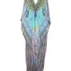 Blue and purple crystal-embellished silk abstract print plunge kaftan with tassel trim at centre front