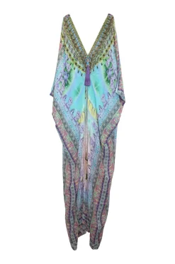 Blue and purple crystal-embellished silk abstract print plunge kaftan with tassel trim at centre front