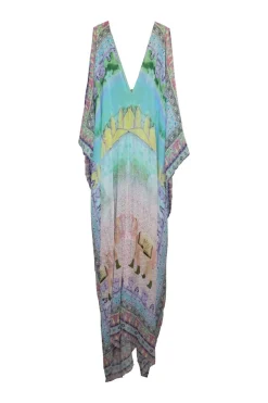 Blue and purple crystal-embellished silk abstract print plunge kaftan with tassel trim at centre front