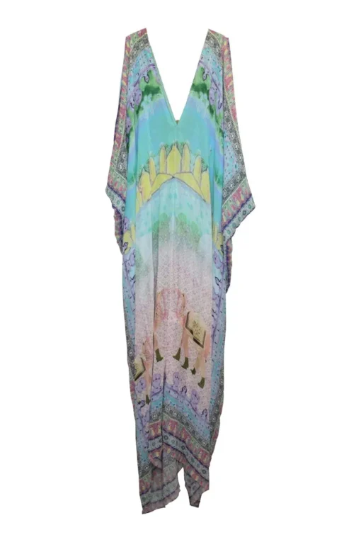 Blue and purple crystal-embellished silk abstract print plunge kaftan with tassel trim at centre front