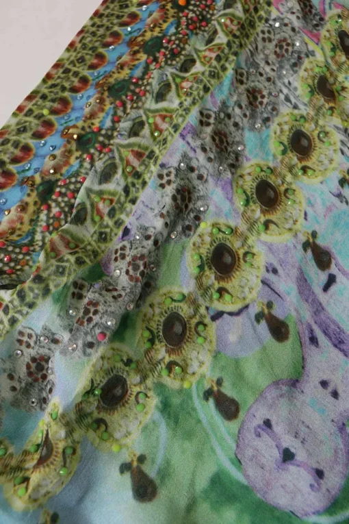 Blue and purple crystal-embellished silk abstract print plunge kaftan with tassel trim at centre front