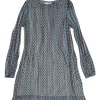Blue and terracotta polyester-blend graphic metallic stripe jacquard A-line shift dress with blouson sleeves